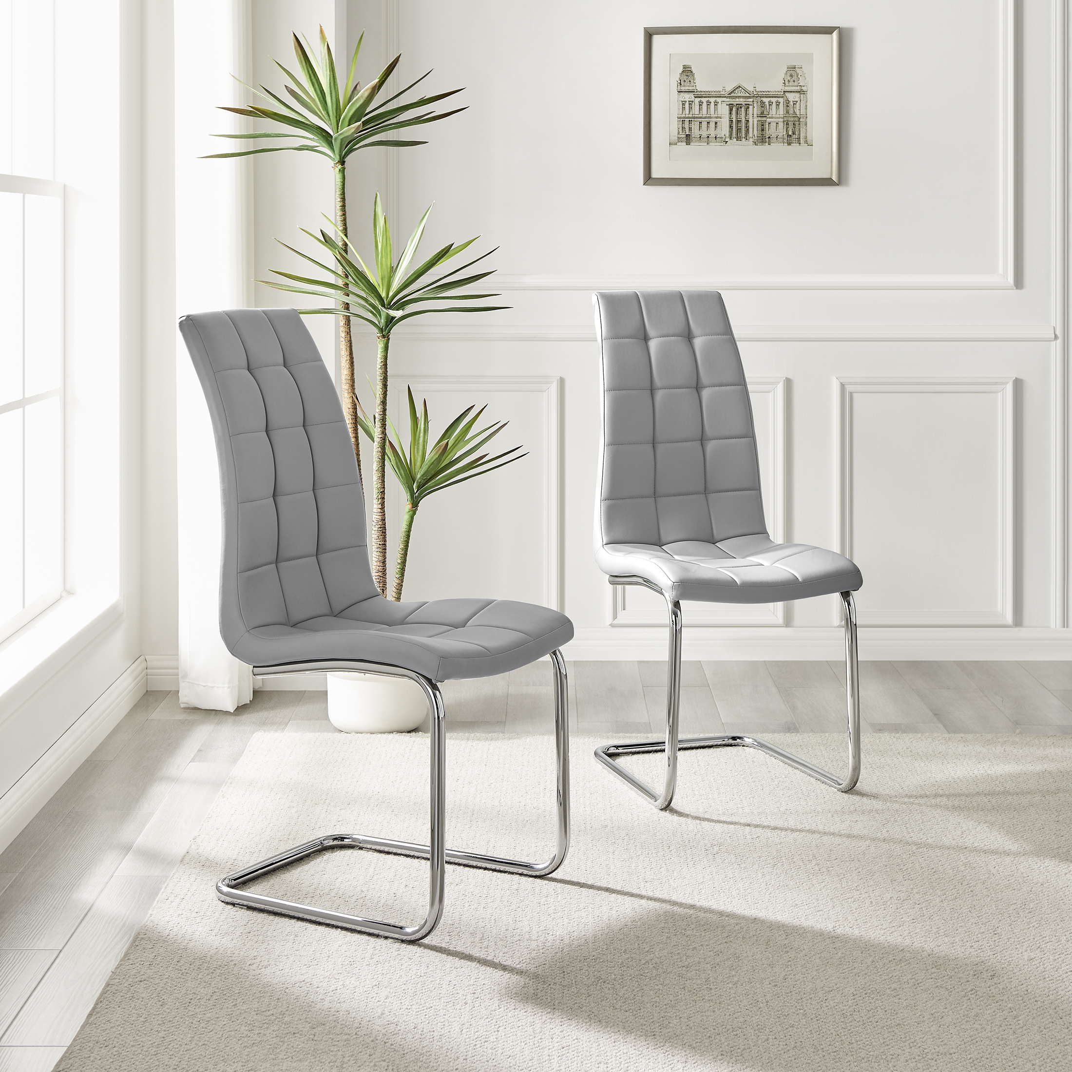 MURANO x2 Faux Leather Deep Foam Padded Silver Chrome Kichen Dining Chairs - Picture 26 of 32