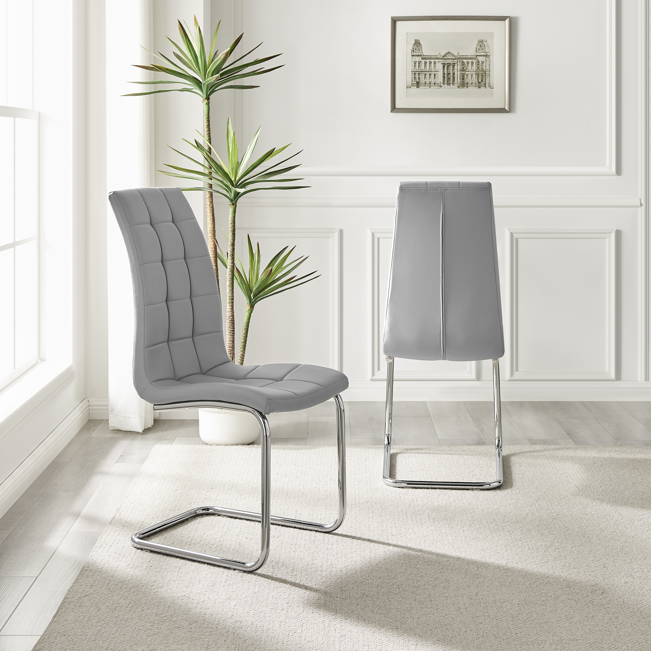 MURANO x2 Faux Leather Deep Foam Padded Silver Chrome Kichen Dining Chairs - Picture 27 of 32